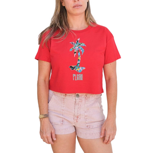 🌴 Playero Red Marbleized Palm Crop Tee – Women’s Small (NWOT)